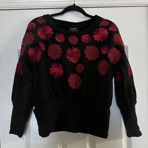 Maeve by Anthropologie Black Sweatshirt with Red Floral Embellishments